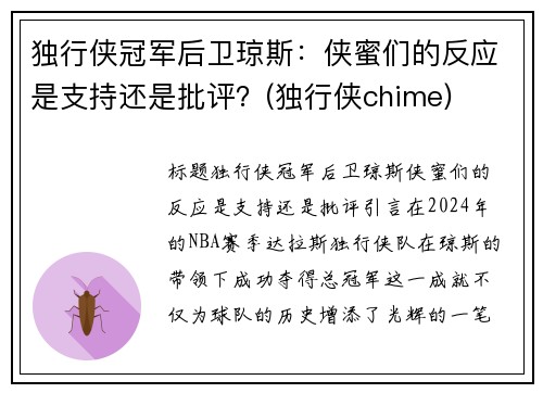 独行侠冠军后卫琼斯：侠蜜们的反应是支持还是批评？(独行侠chime)