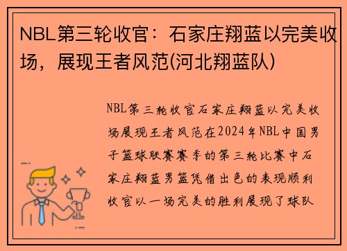 NBL第三轮收官：石家庄翔蓝以完美收场，展现王者风范(河北翔蓝队)